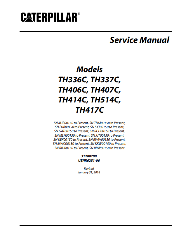 Front cover of the Caterpillar TH514C, TH336C, TH337C, TH406C, TH407C, TH414C, TH417C Telehandler Service Manual PDF