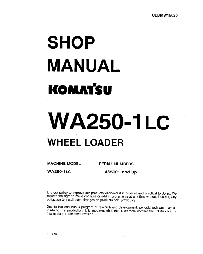 Front cover of the Komatsu WA250 Wheel Loader Workshop Manual PDF